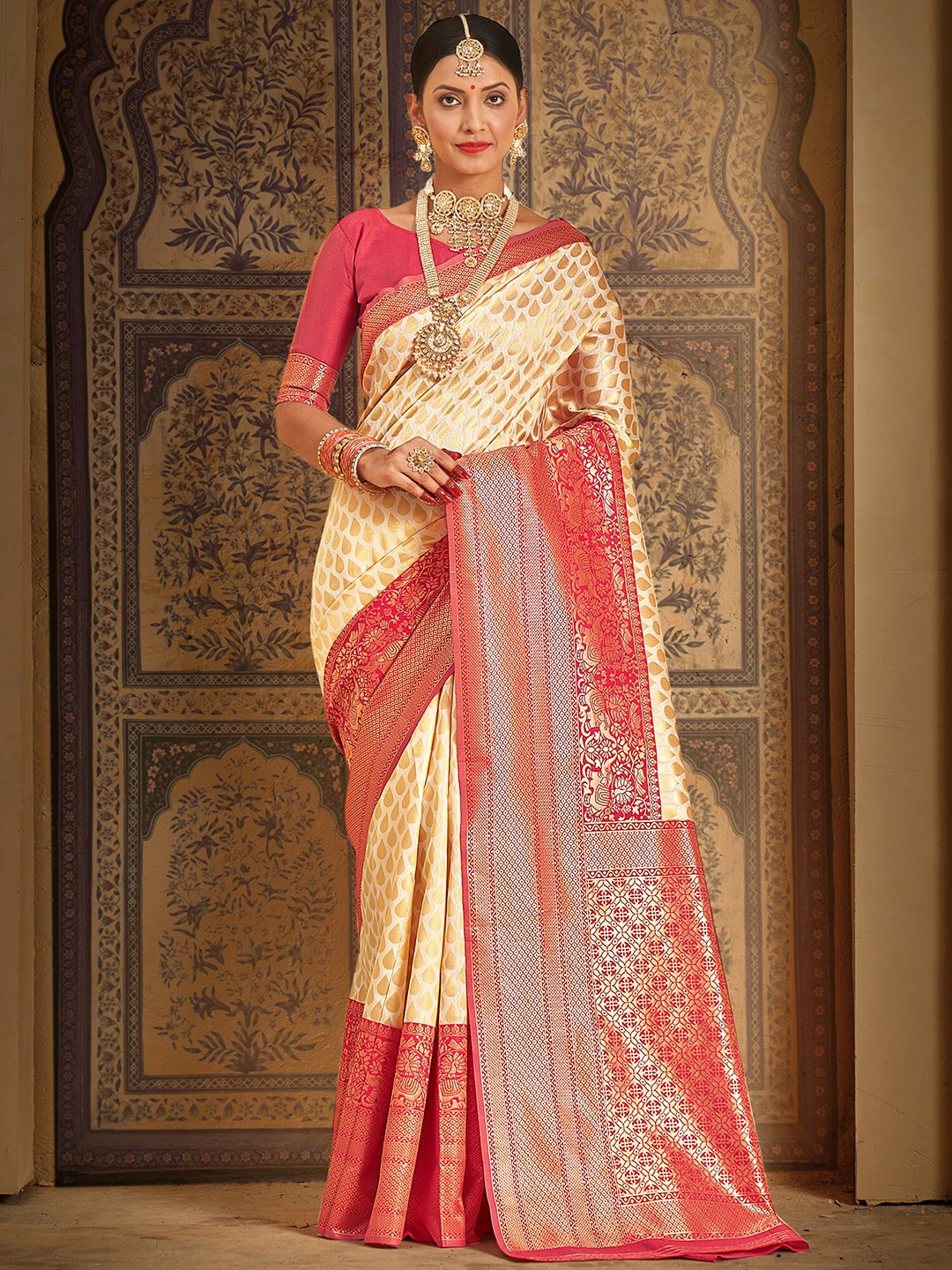 

Saree mall Woven Design Zari Kanjeevaram Sarees, Cream