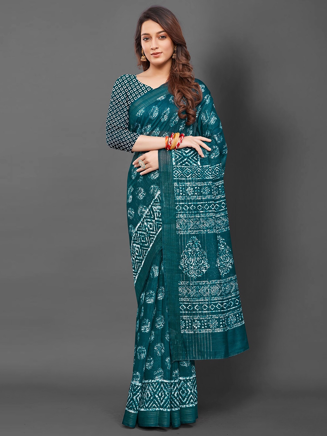 

Saree mall Batik Block Batik Printed Traditional Sarees, Teal