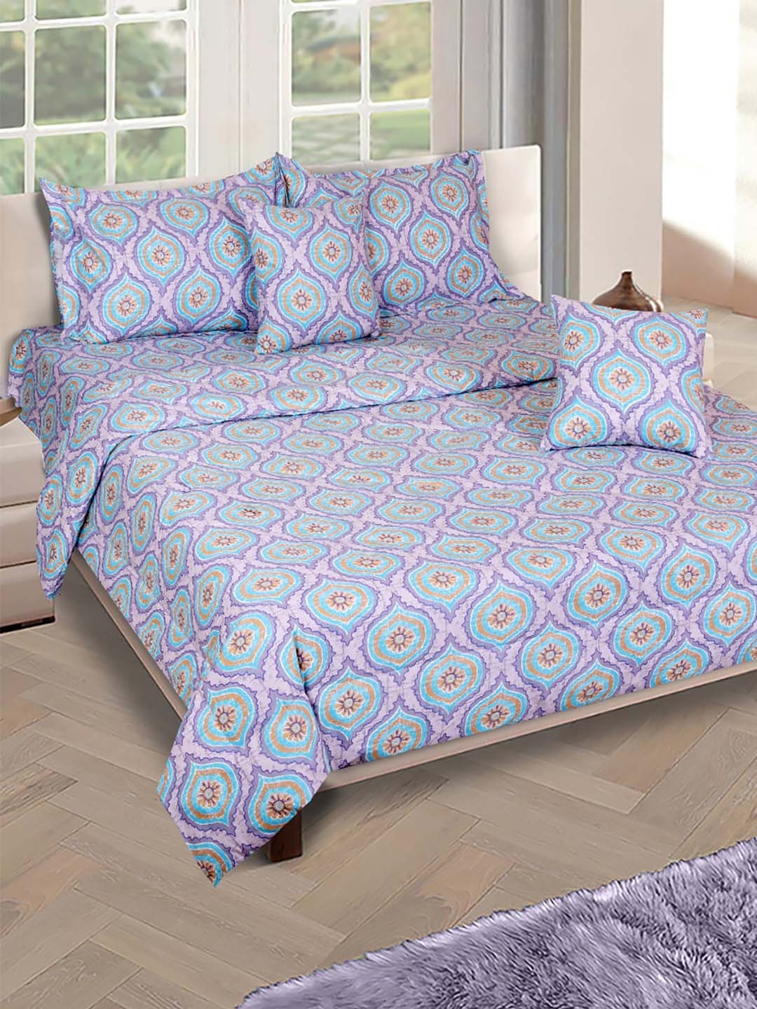 

ROMEE Blue & Purple 6 Pcs Printed Cotton Double Queen Bedding Set