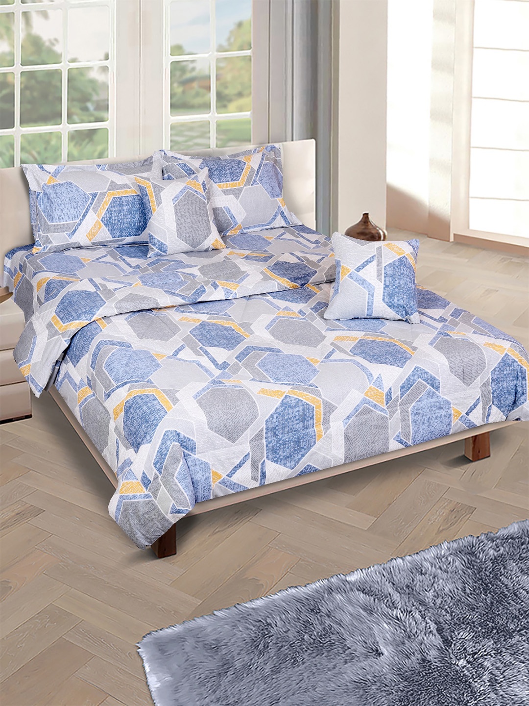 

ROMEE Blue & Silver Toned 6 Pcs Double Queen Size Cotton Bedding Set With Comforter