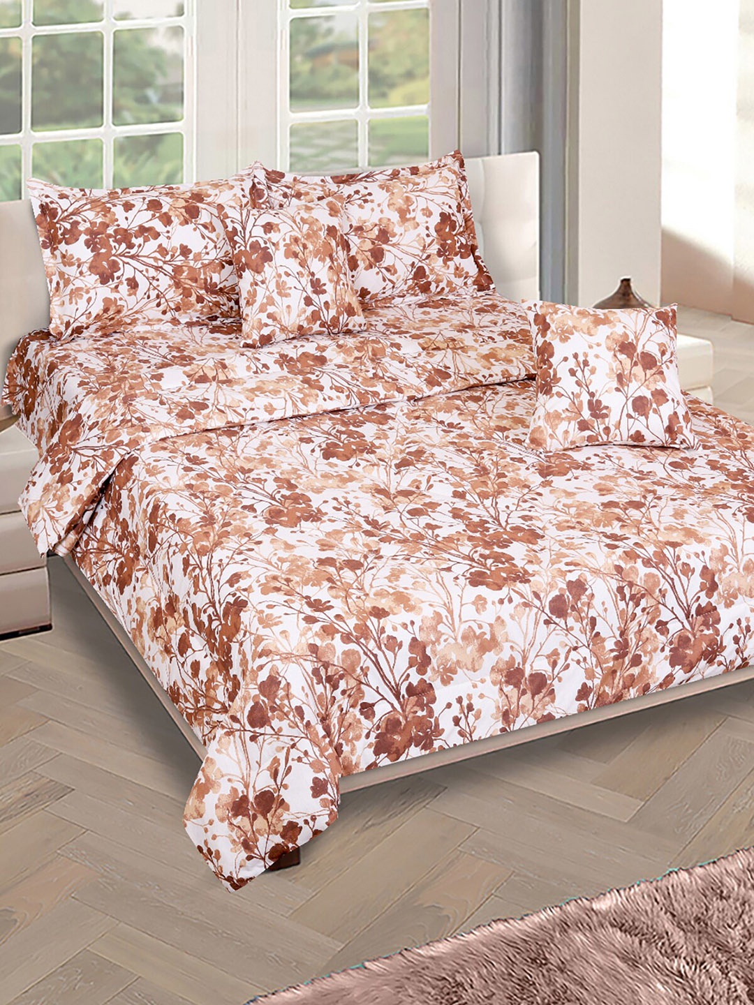 

ROMEE Cream-Colored & Brown 6 Pcs Printed Double Queen Cotton Bedding Set