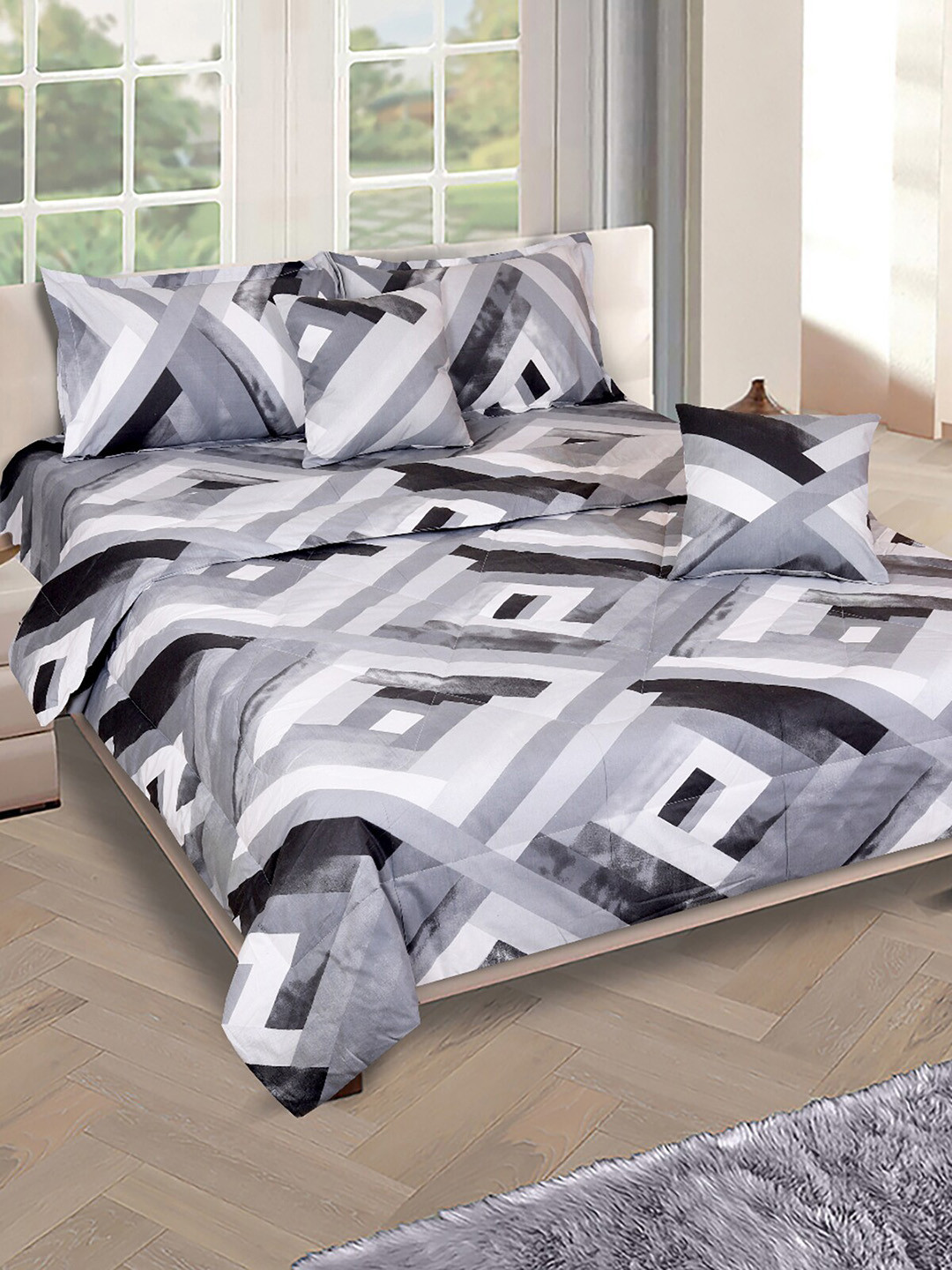 

ROMEE Grey & Silver Toned 6 Pcs Geometric 250 TC Pure Cotton Double Queen Bedding Set