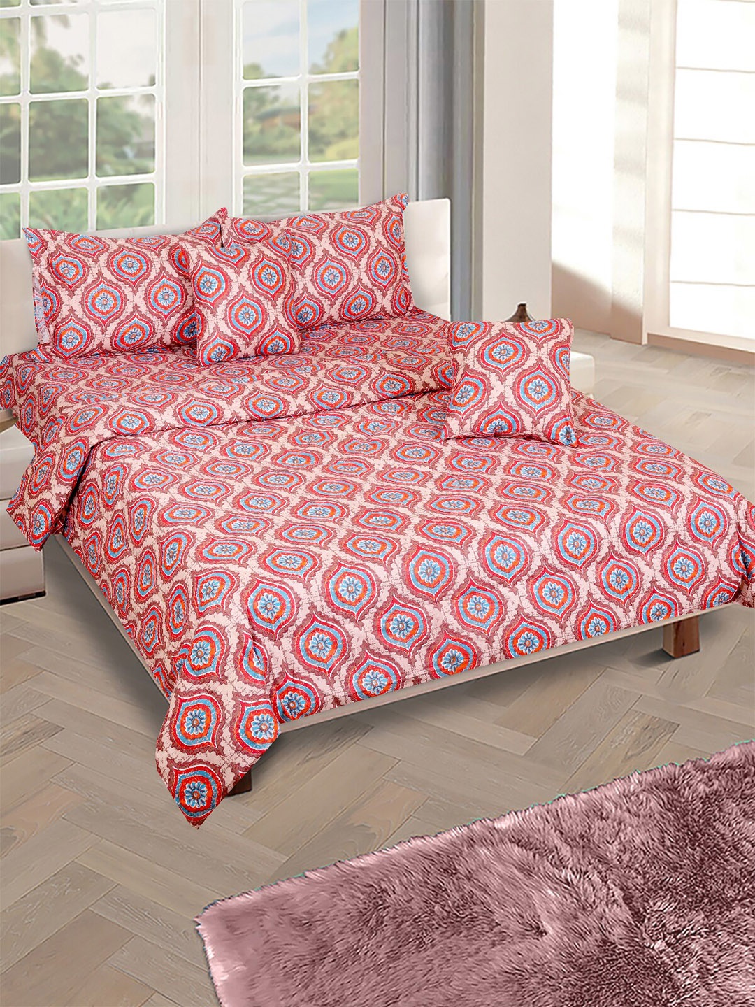 

ROMEE Maroon 6 Pcs Printed Cotton Double Queen Bedding Set