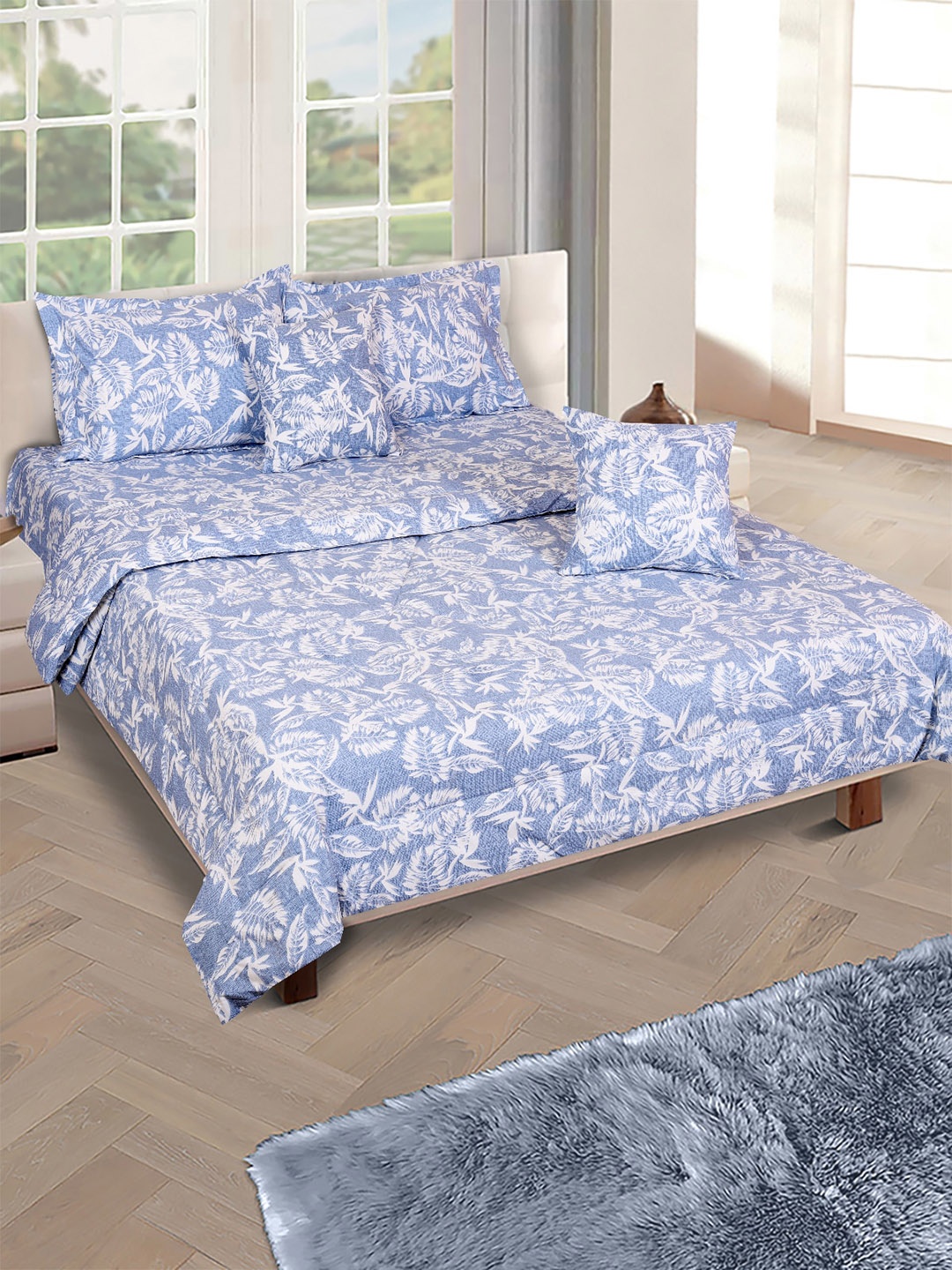 

ROMEE Blue 6 Pcs Printed Cotton Double Queen Bedding Set