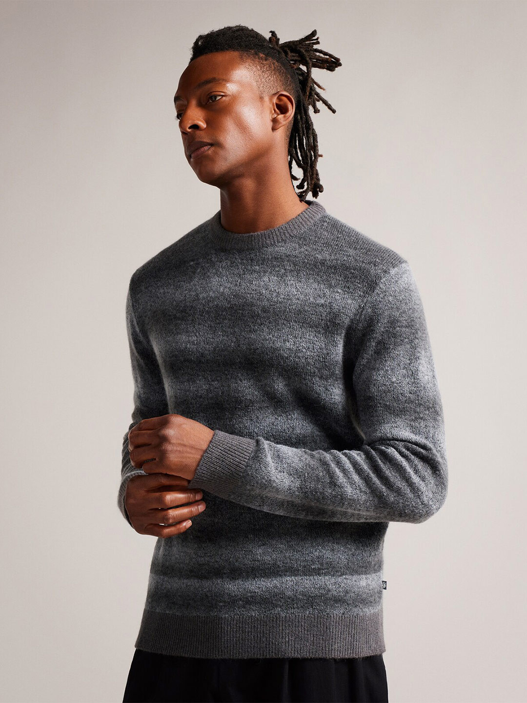 

Ted Baker Men Grey & Black Striped Striped Pullover