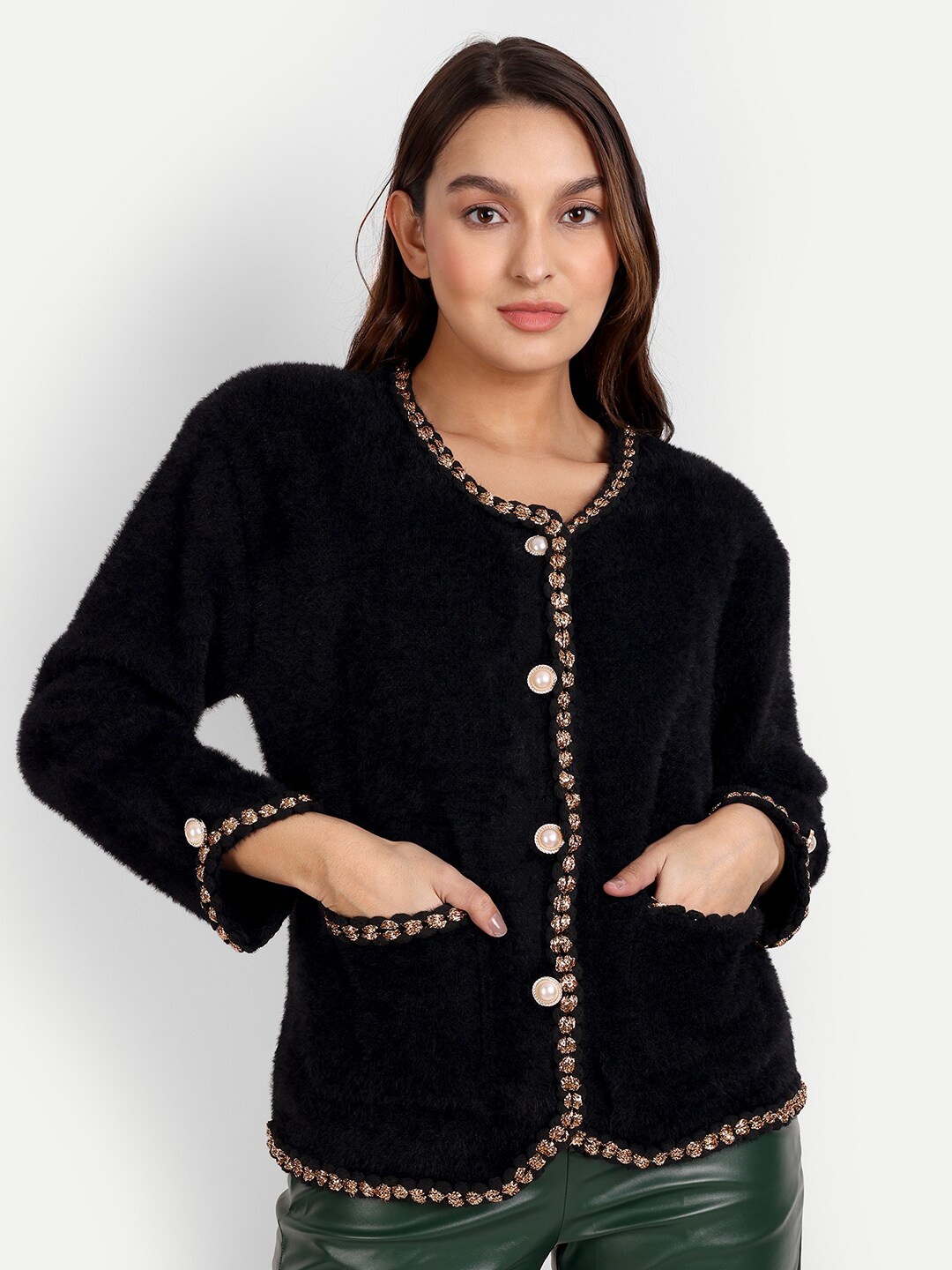 

iki chic Women Embroidered Cardigan, Black