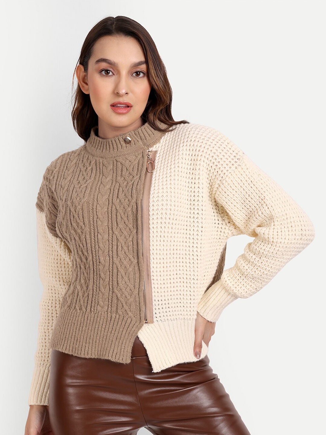 

iki chic Women Colourblocked Cardigan, Khaki