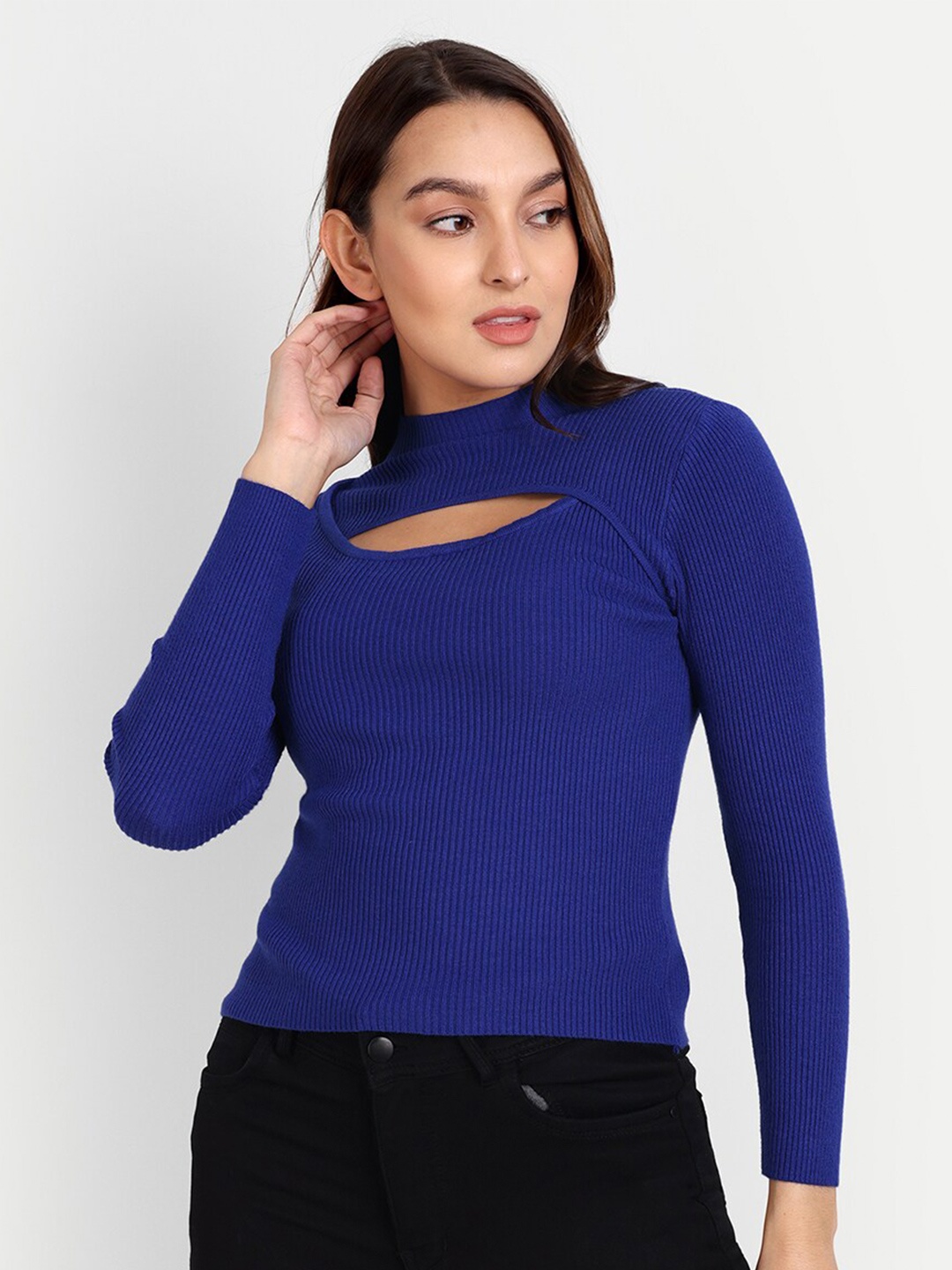 

iki chic Women Ribbed Pullover, Blue