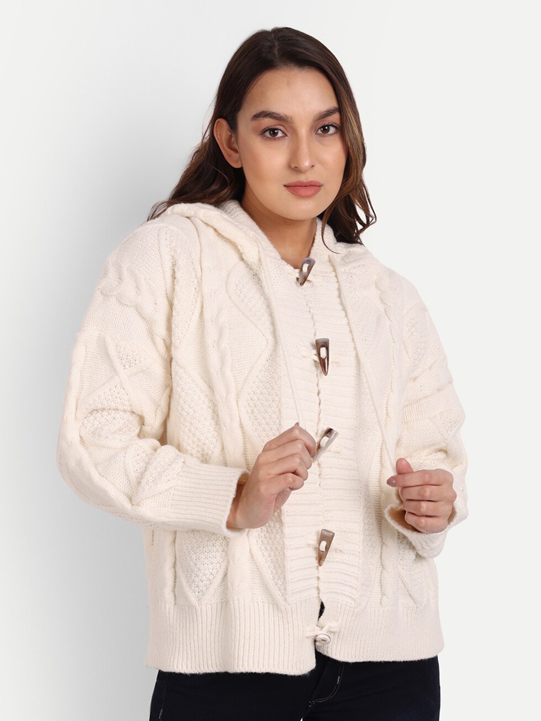 

iki chic Women Hooded Cable Knit, Cream