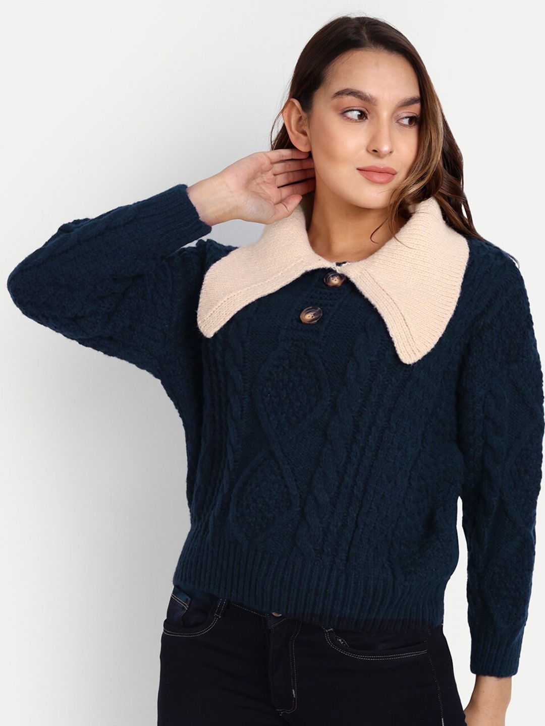 

iki chic Women Cable Knit Pullover, Navy blue
