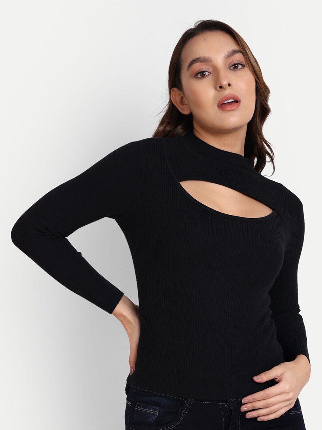 

iki chic Women Ribbed Pullover, Black