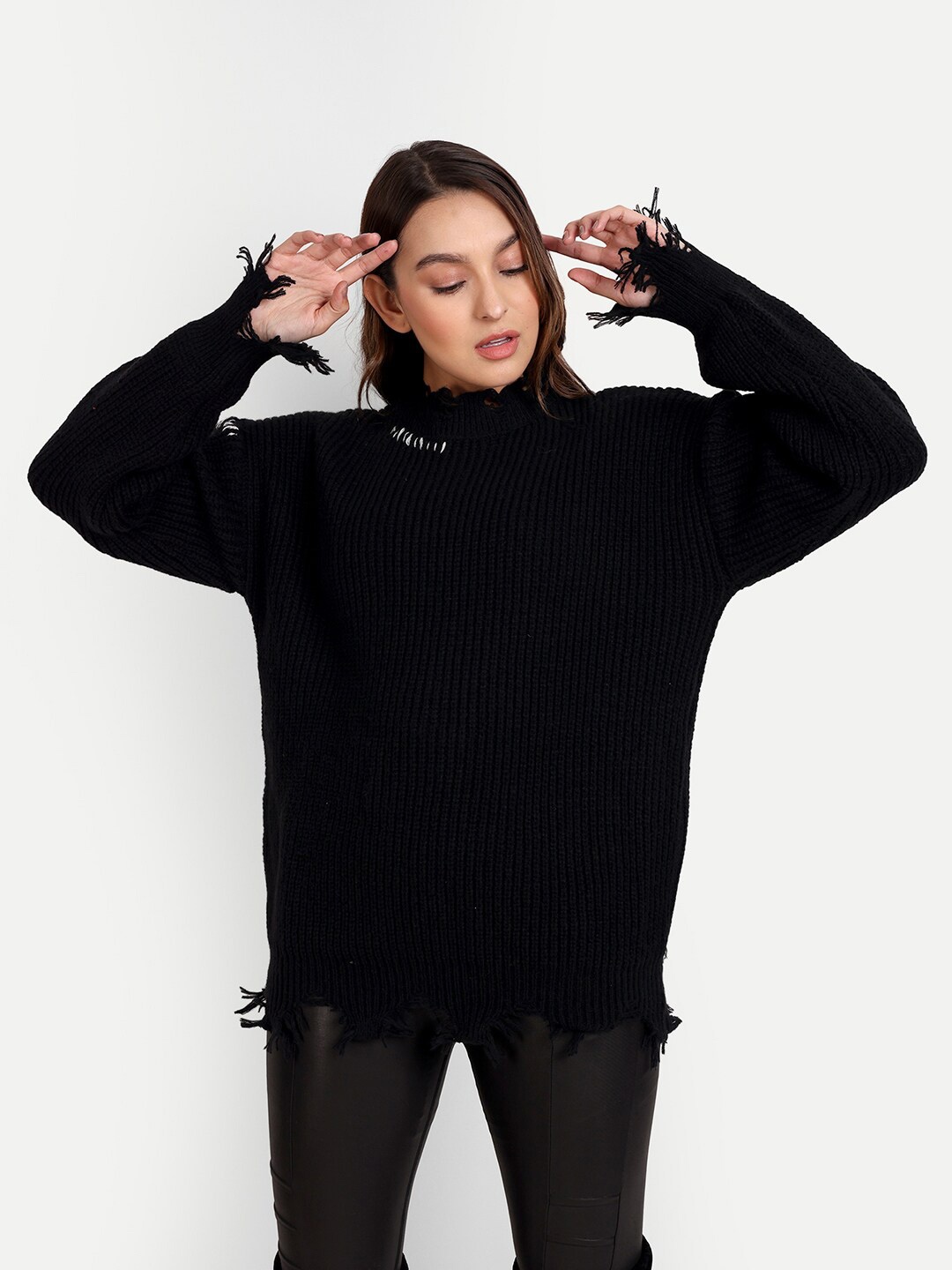 

iki chic Women Ribbed Pullover, Black