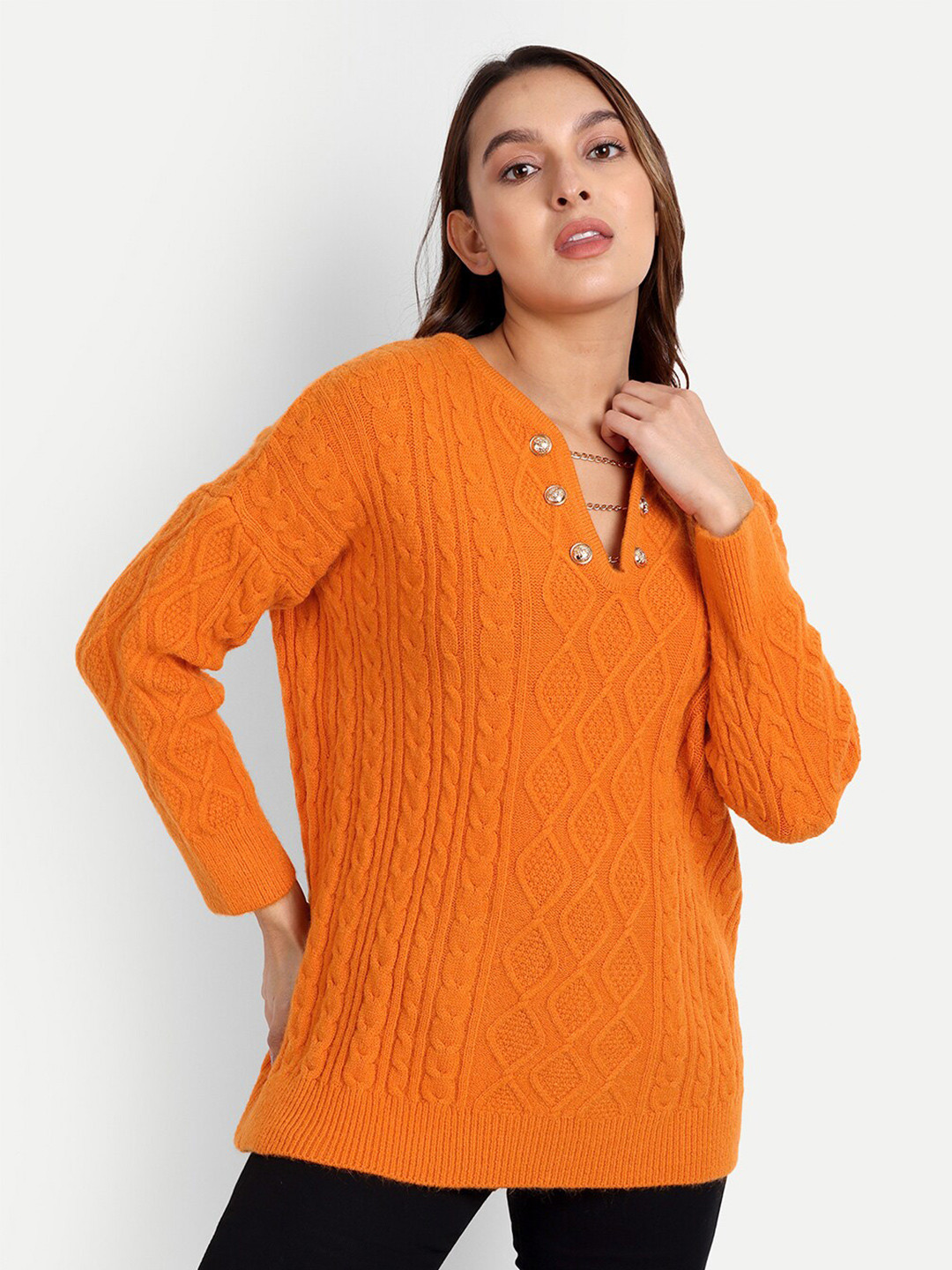 

iki chic Women Cable Knit Pullover, Orange