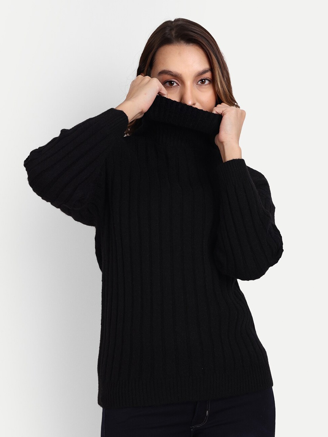 

iki chic Women Striped Wool Pullover, Black