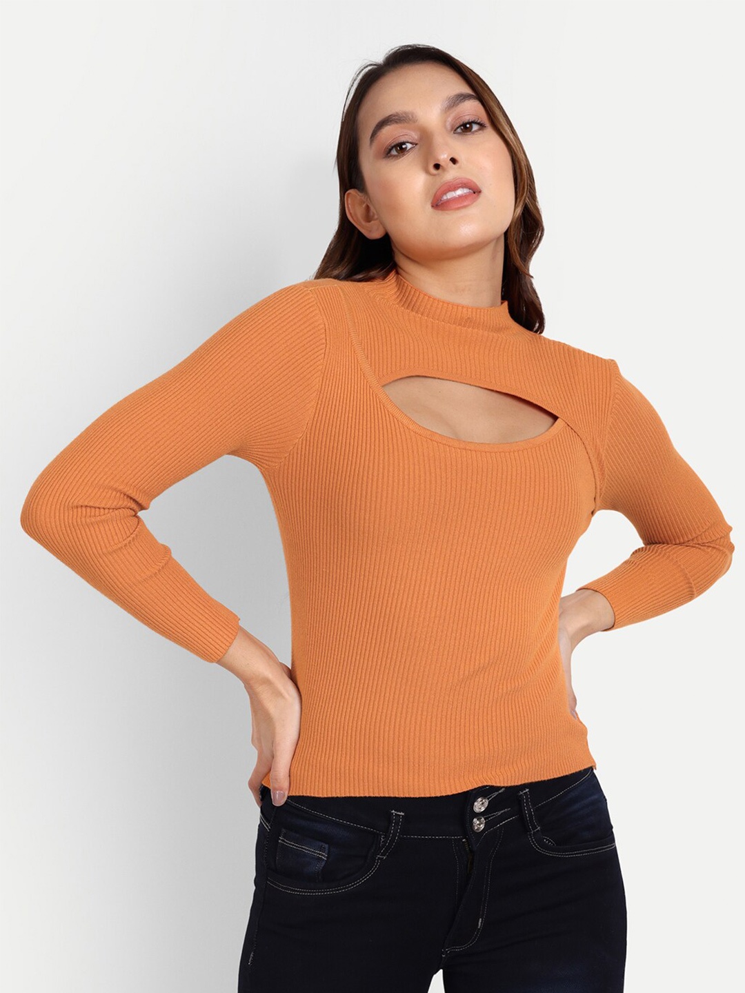 

iki chic Women Ribbed Pullover, Orange
