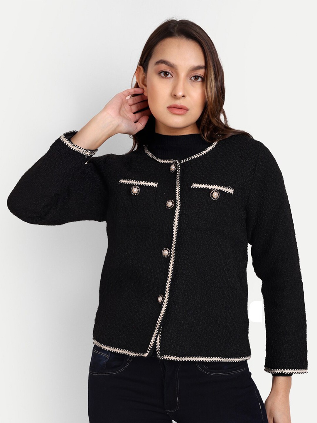 

iki chic Women Round Neck Cardigan, Black