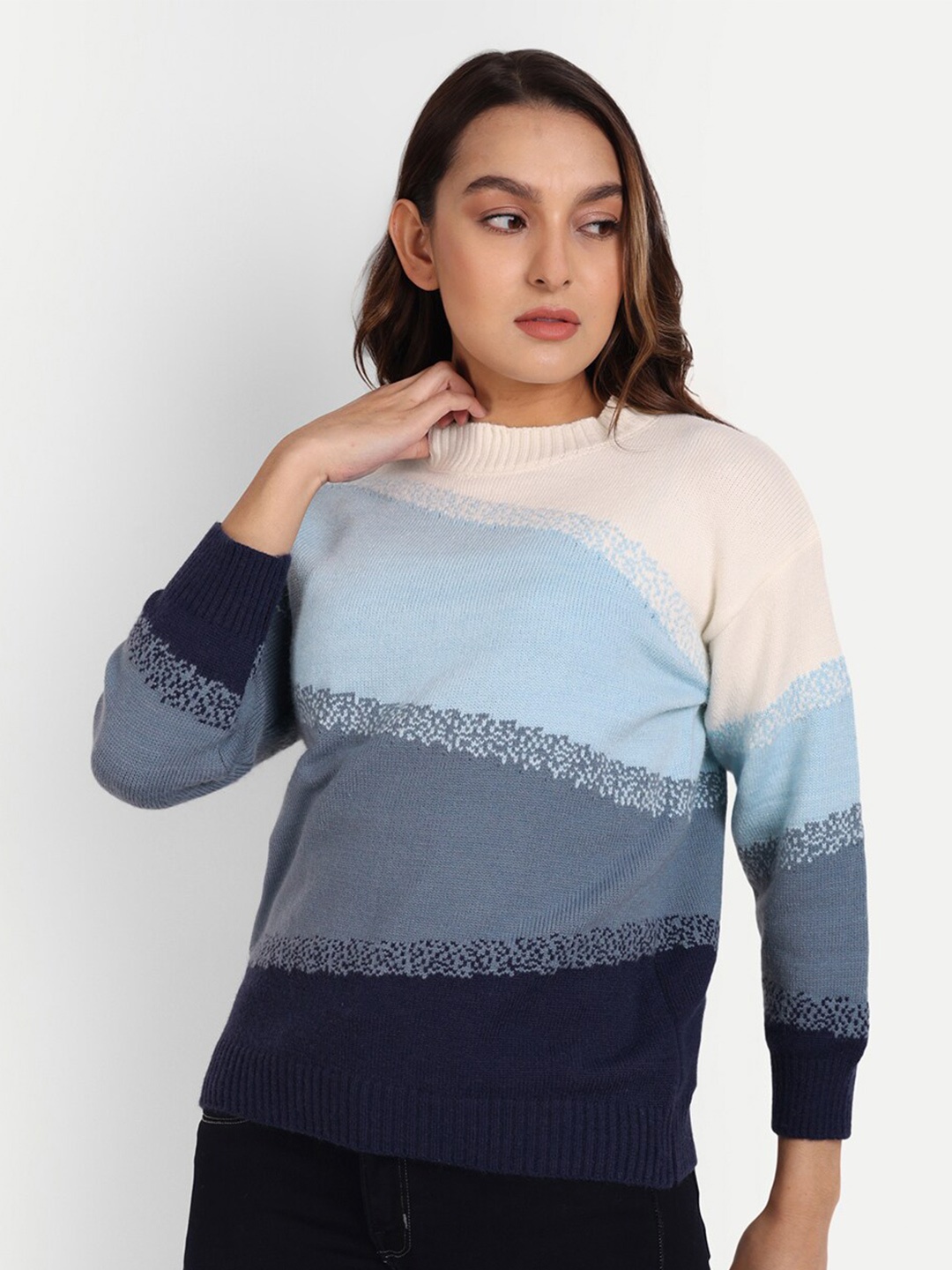 

iki chic Women Colourblocked Pullover, Blue