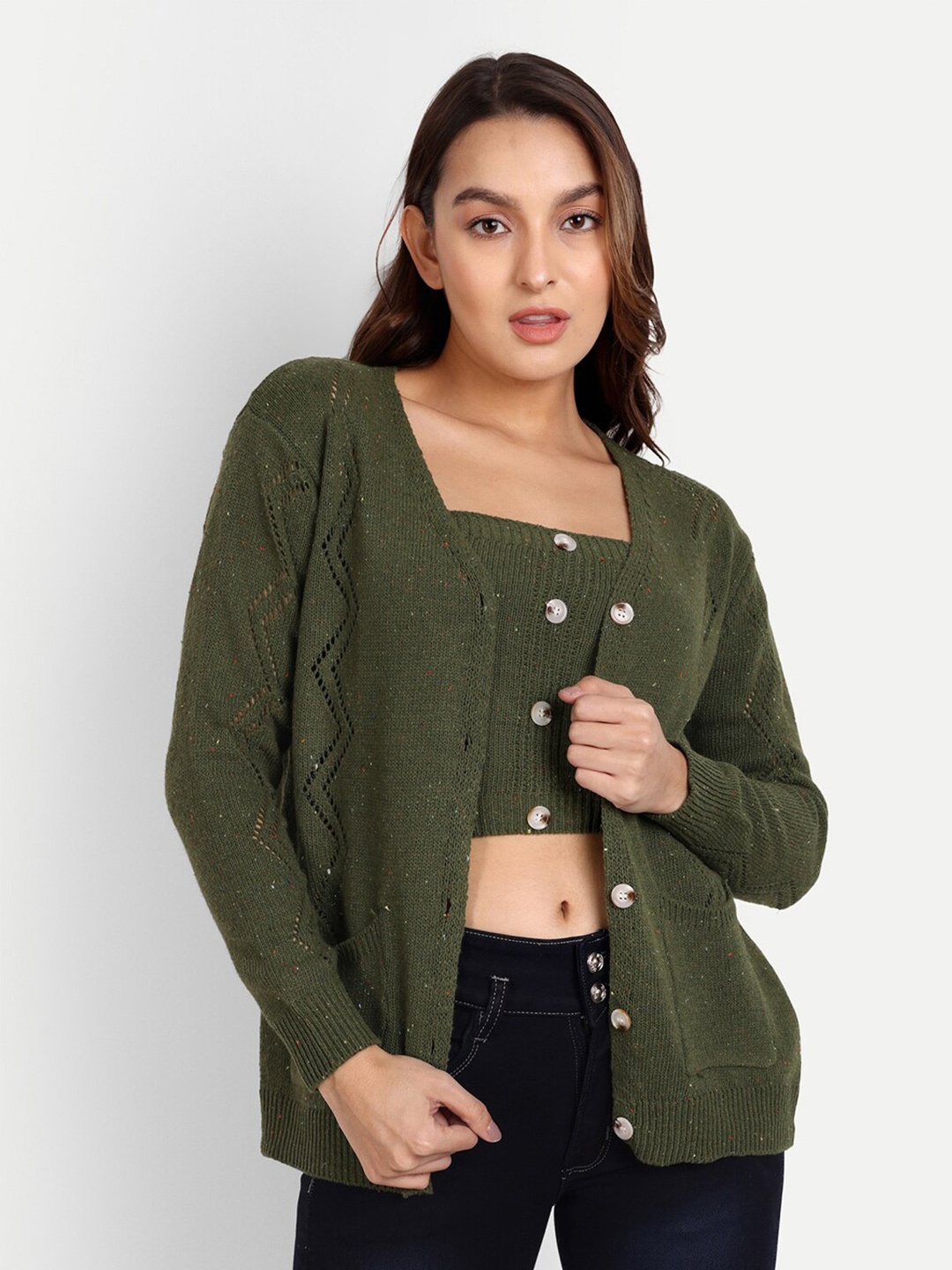 

iki chic Women Cardigan With Bustier, Green