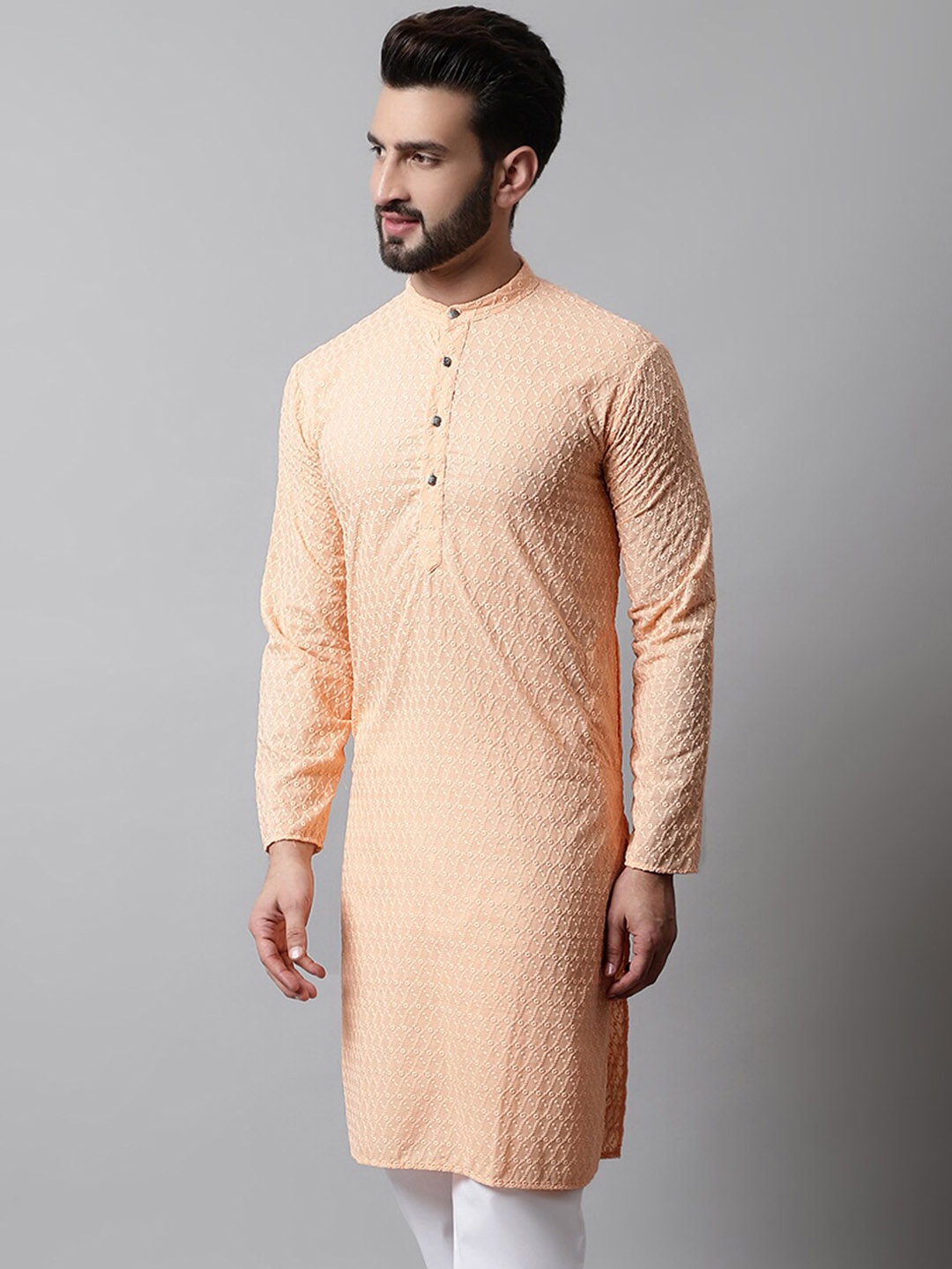 

Jompers Men Woven Design Thread Work Regular Pure Cotton Kurta, Peach