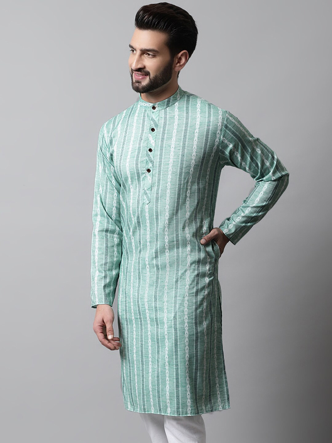 

Jompers Men Printed Mandarin Collar Pure Cotton Kurta, Turquoise blue