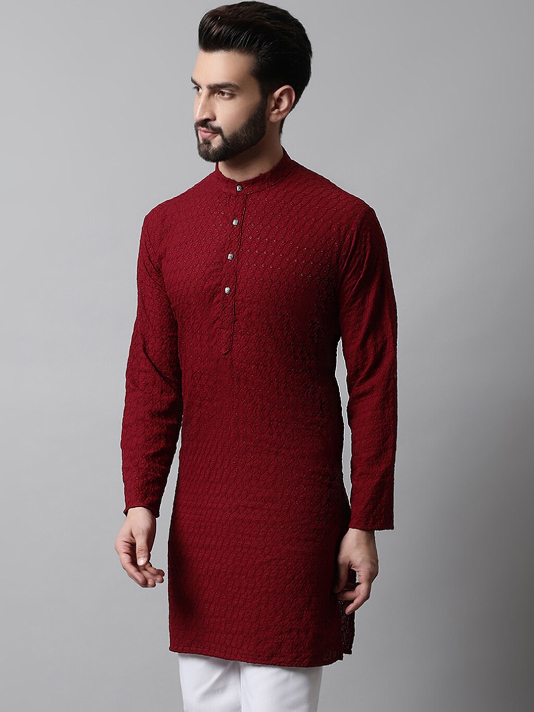 

Jompers Men Embroidered Thread Work Pure Cotton Kurta, Maroon