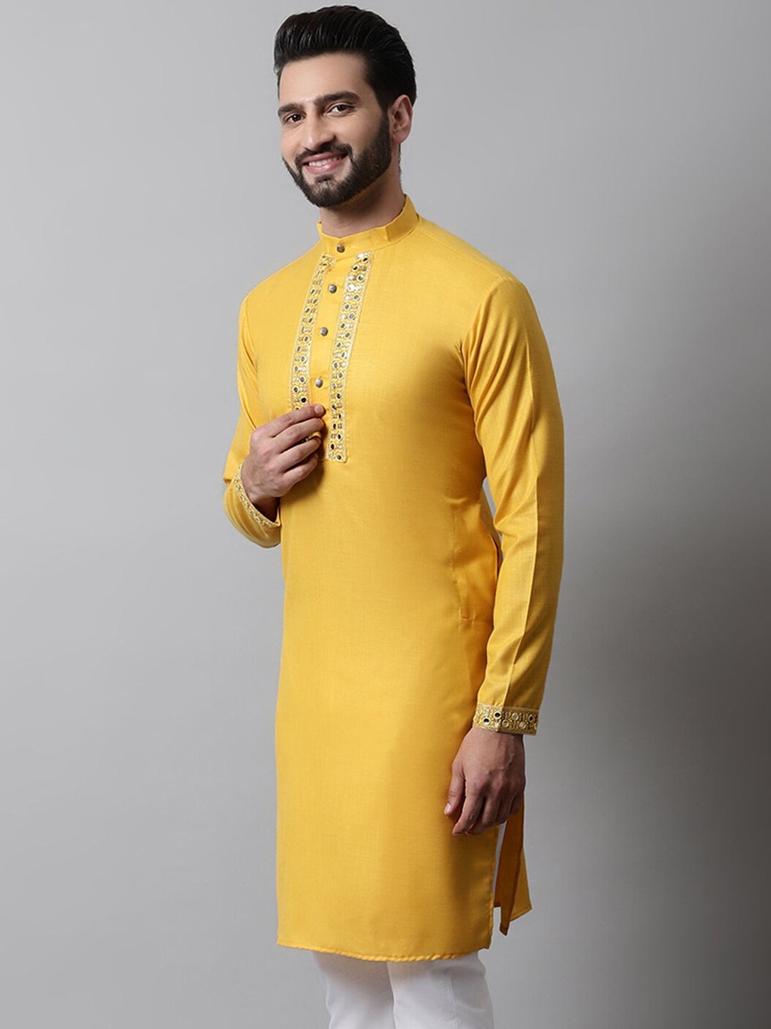 

Jompers Men Ethnic Motifs Embroidered Mirror Work Cotton Kurta, Yellow