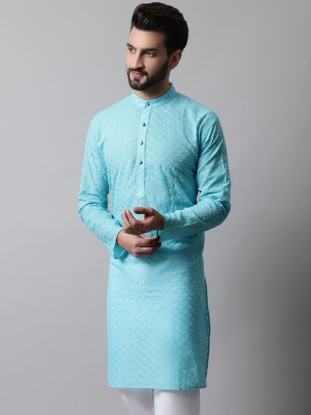 

Jompers Men Ethnic Motifs Thread Work Cotton Kurta, Turquoise blue