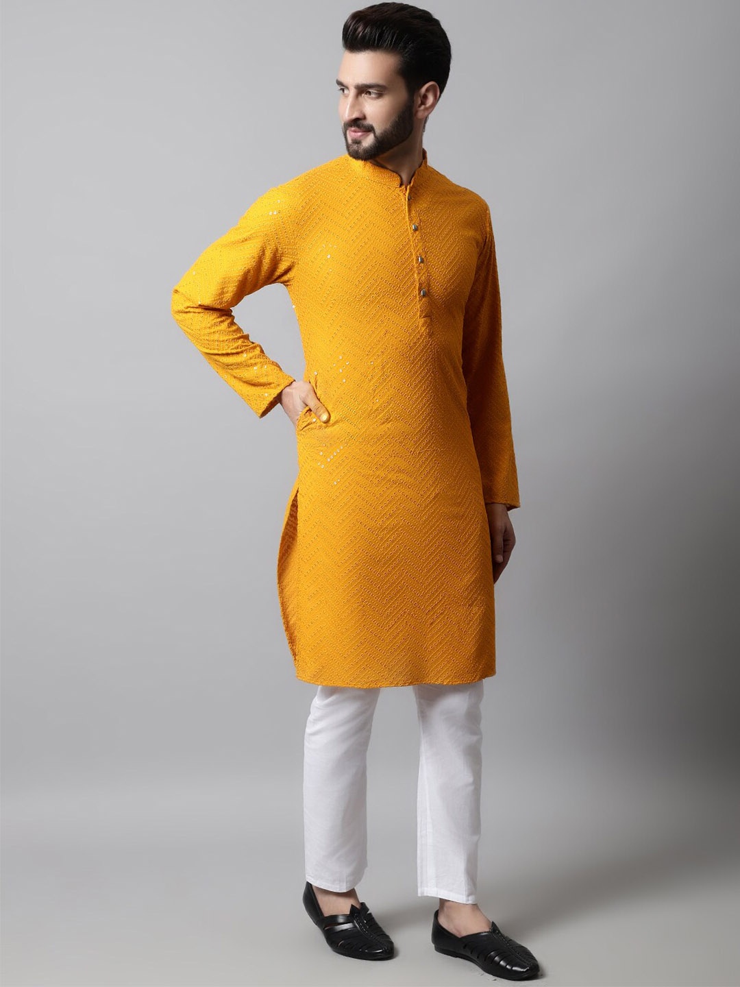 

Jompers Men Chevron Cotton Kurta, Mustard
