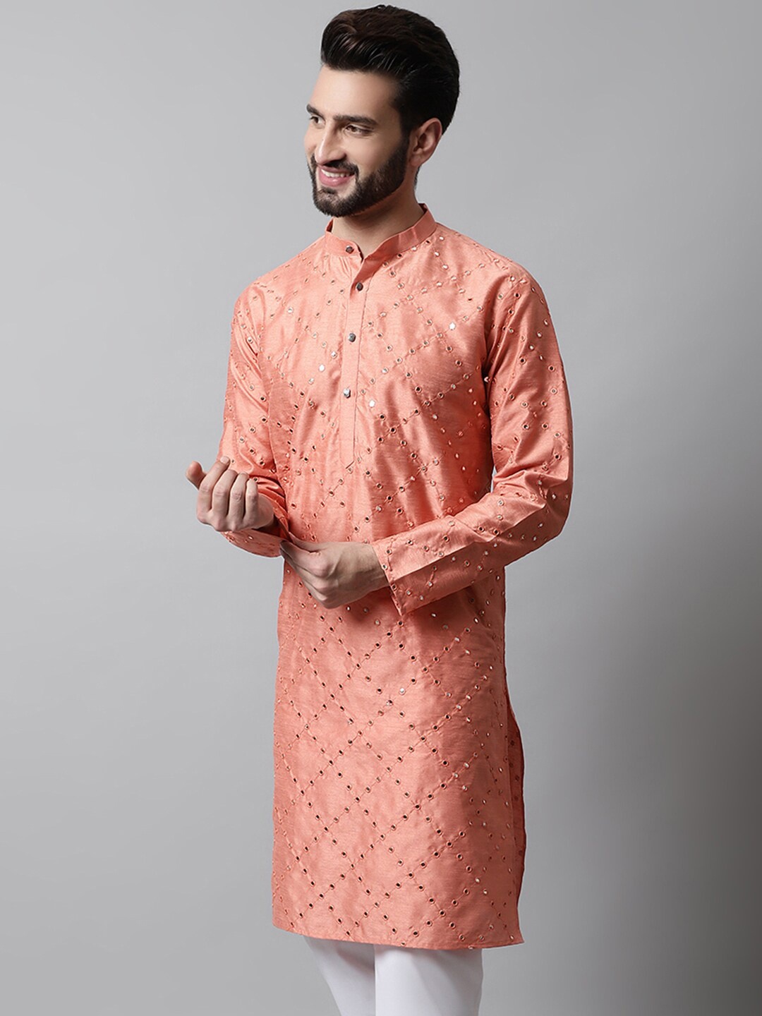 

Jompers Men Geometric Embroidered Mirror Work Dupion Silk Kurta, Peach