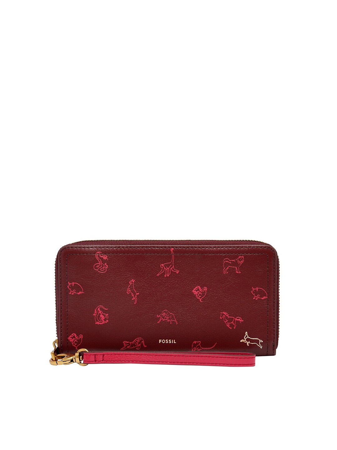 

Fossil Women Printed Leather Zip Around Wallet, Red