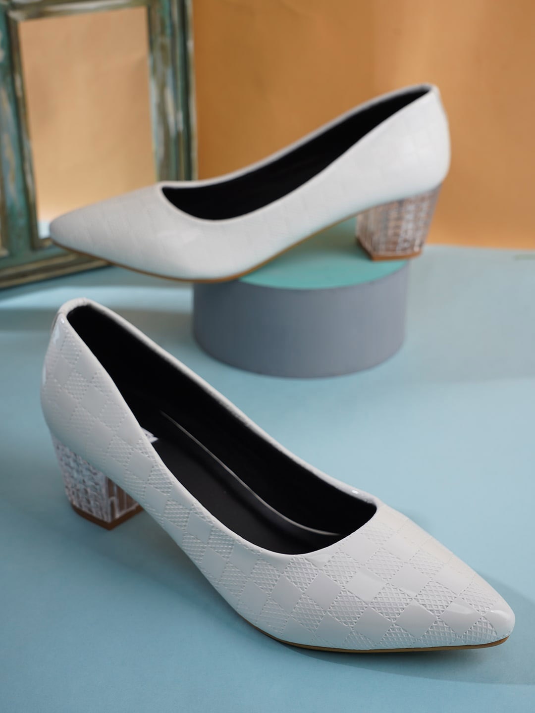 

ELLE Women Textured Block Pumps, White