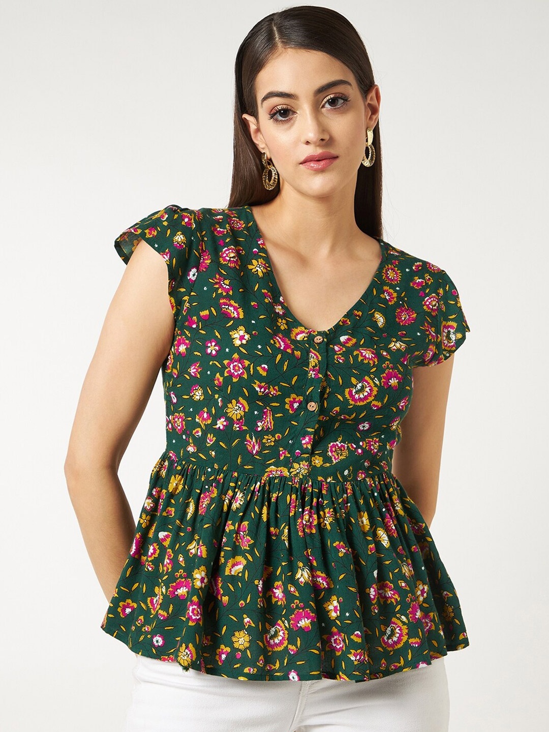 

Pannkh Floral Print Extended Sleeves Crepe Top, Green