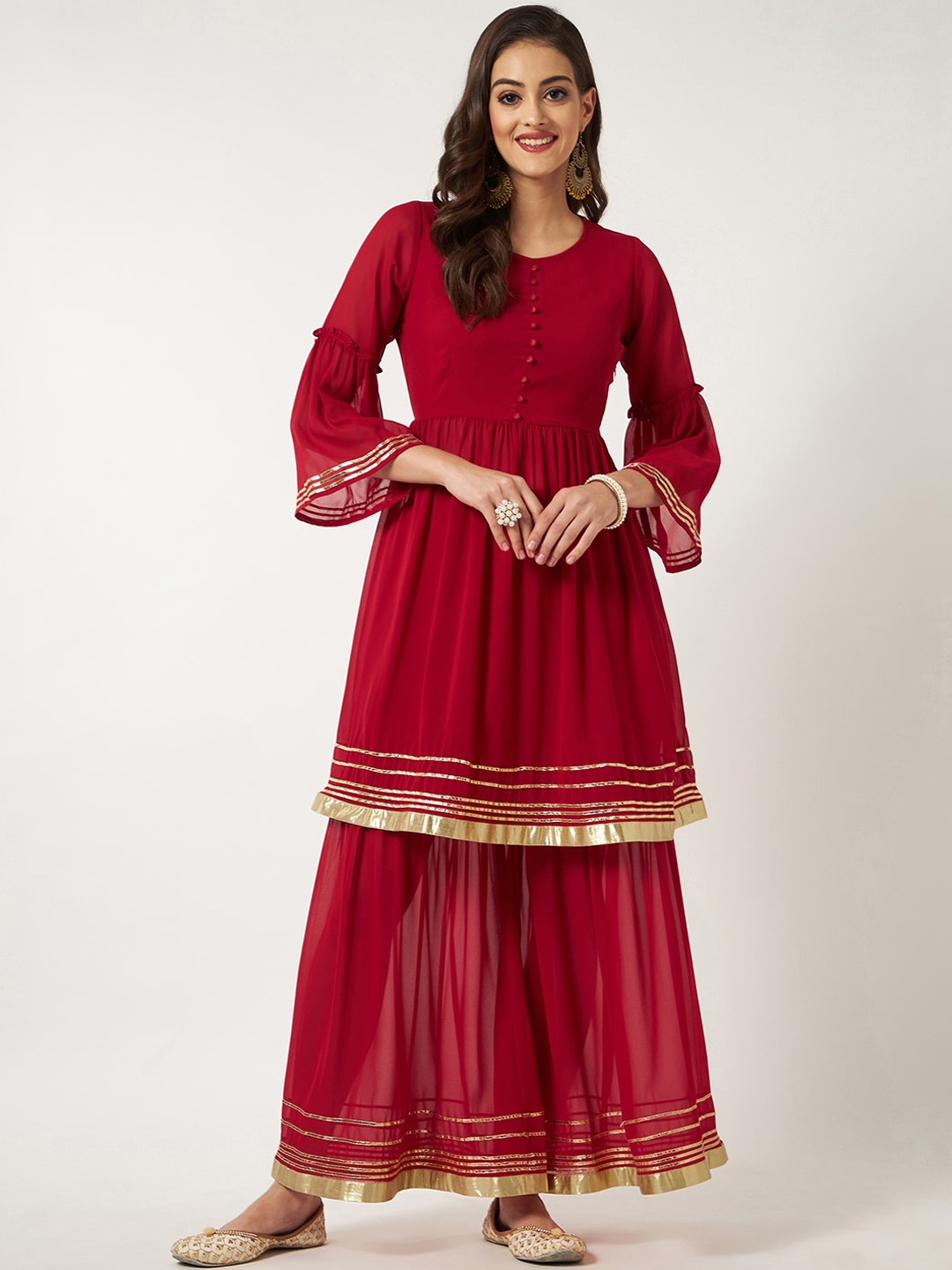 

Pannkh Women Gotta Patti A- Line Kurti with Sharara, Red