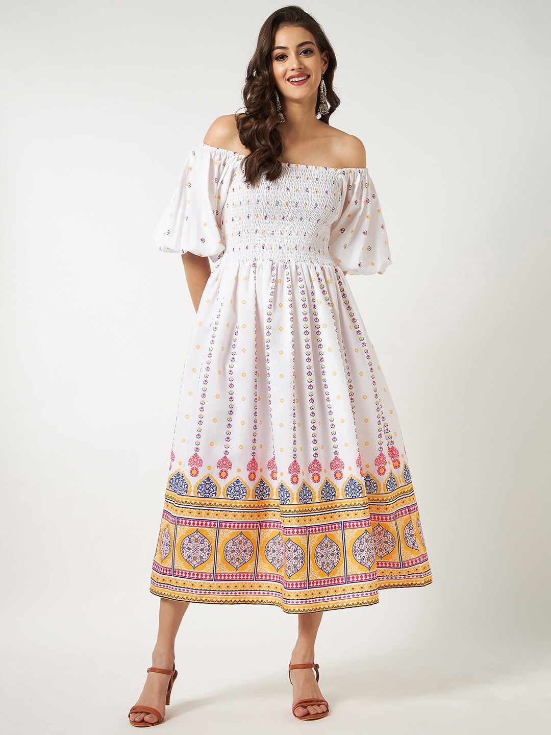 

Pannkh Ethnic Motifs Off-Shoulder Midi Dress, White