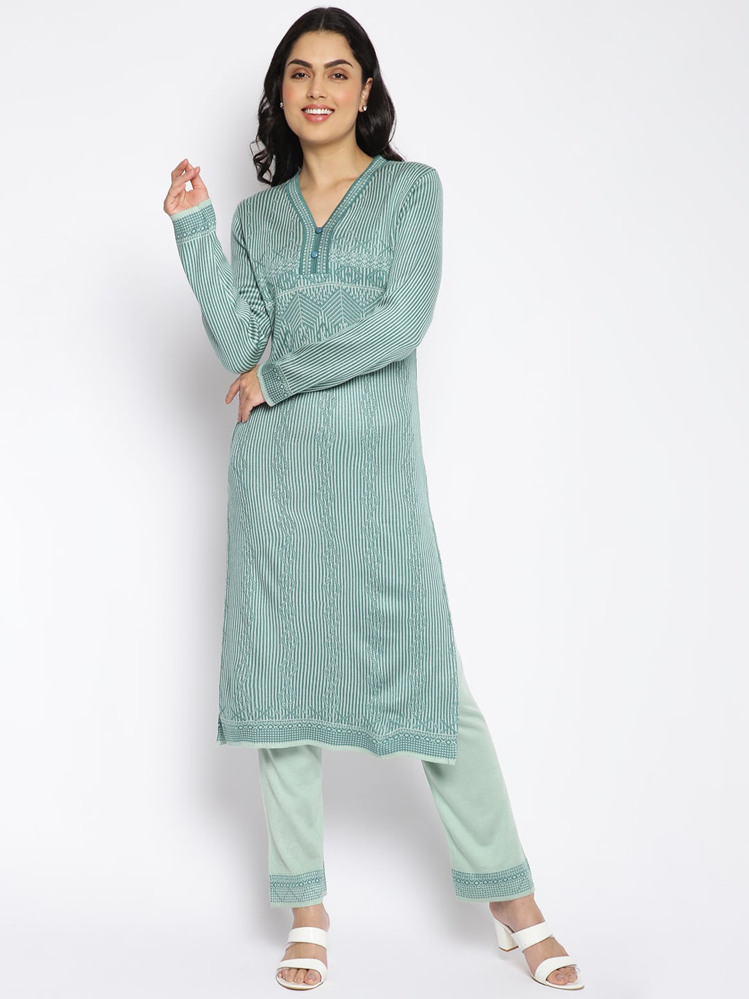 

MIKHAD Striped Straight Regular Acrylic Kurta, Sea green