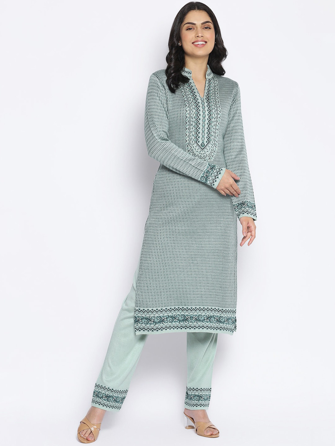

MIKHAD Women Sea Green Embroidered Thread Work Jacquard Kurta