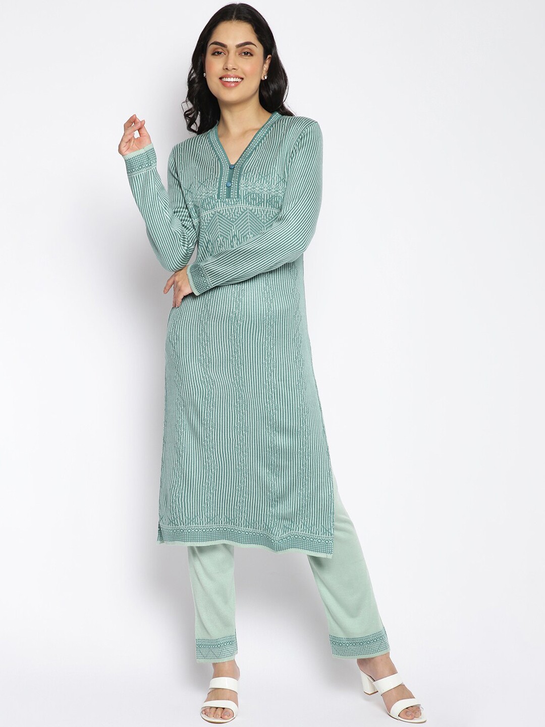 

MIKHAD Self Design V-Neck Kurta with Trousers, Teal