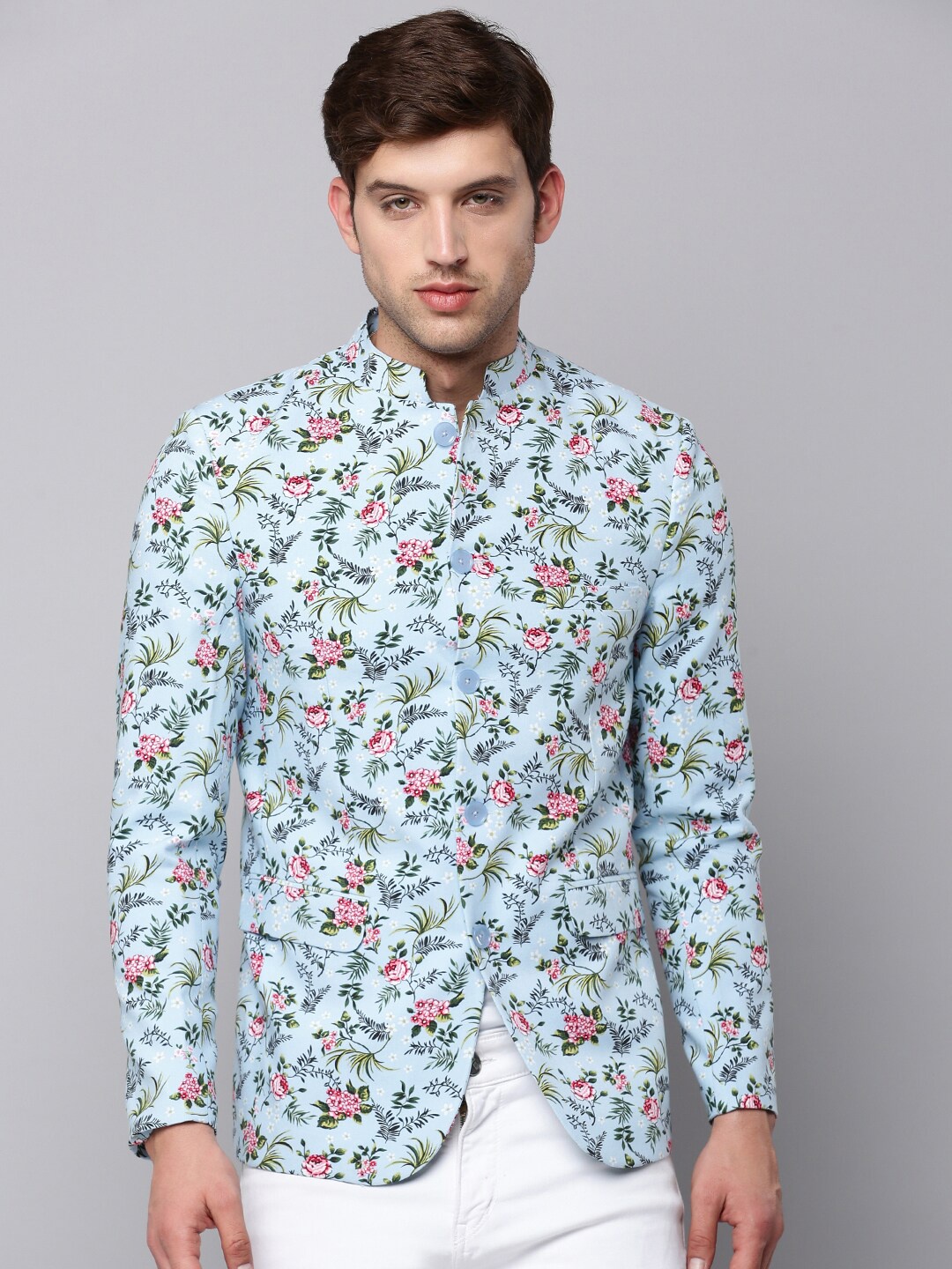 

SHOWOFF Men Floral Printed Slim-Fit Bandhgala Blazer, Blue