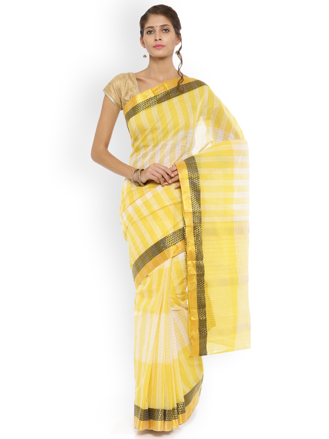 

Pavechas Yellow Pure Cotton Checked Venkatgiri Saree