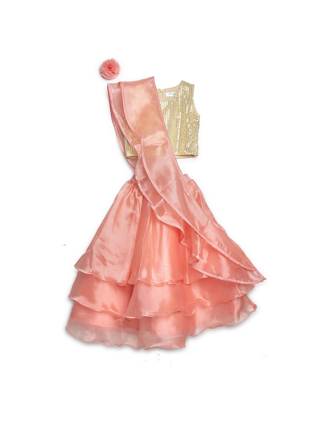 

SAKA DESIGNS Girls Embellished Organza Ready to Wear Lehenga & Blouse With Flared Dupatta, Peach