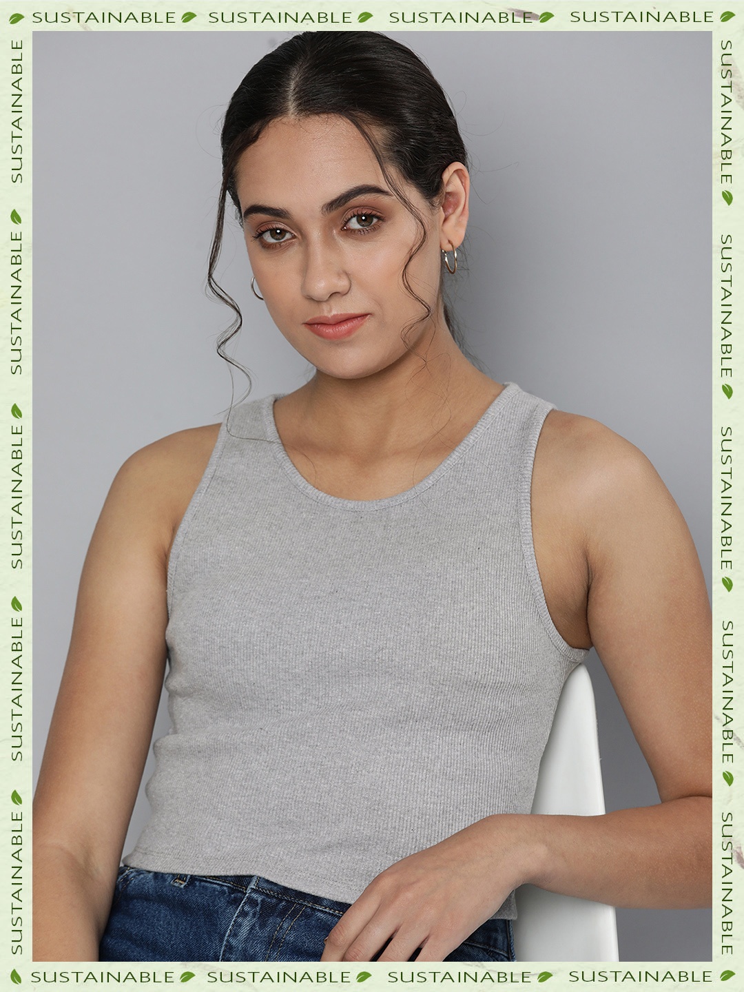 

HERE&NOW Women Organic Cotton Tank Crop Top, Grey