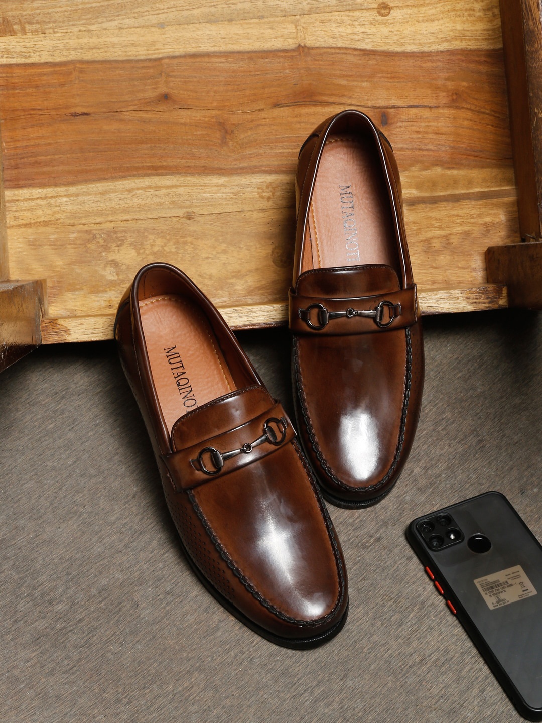 

MUTAQINOTI Men Textured Formal Loafers, Brown