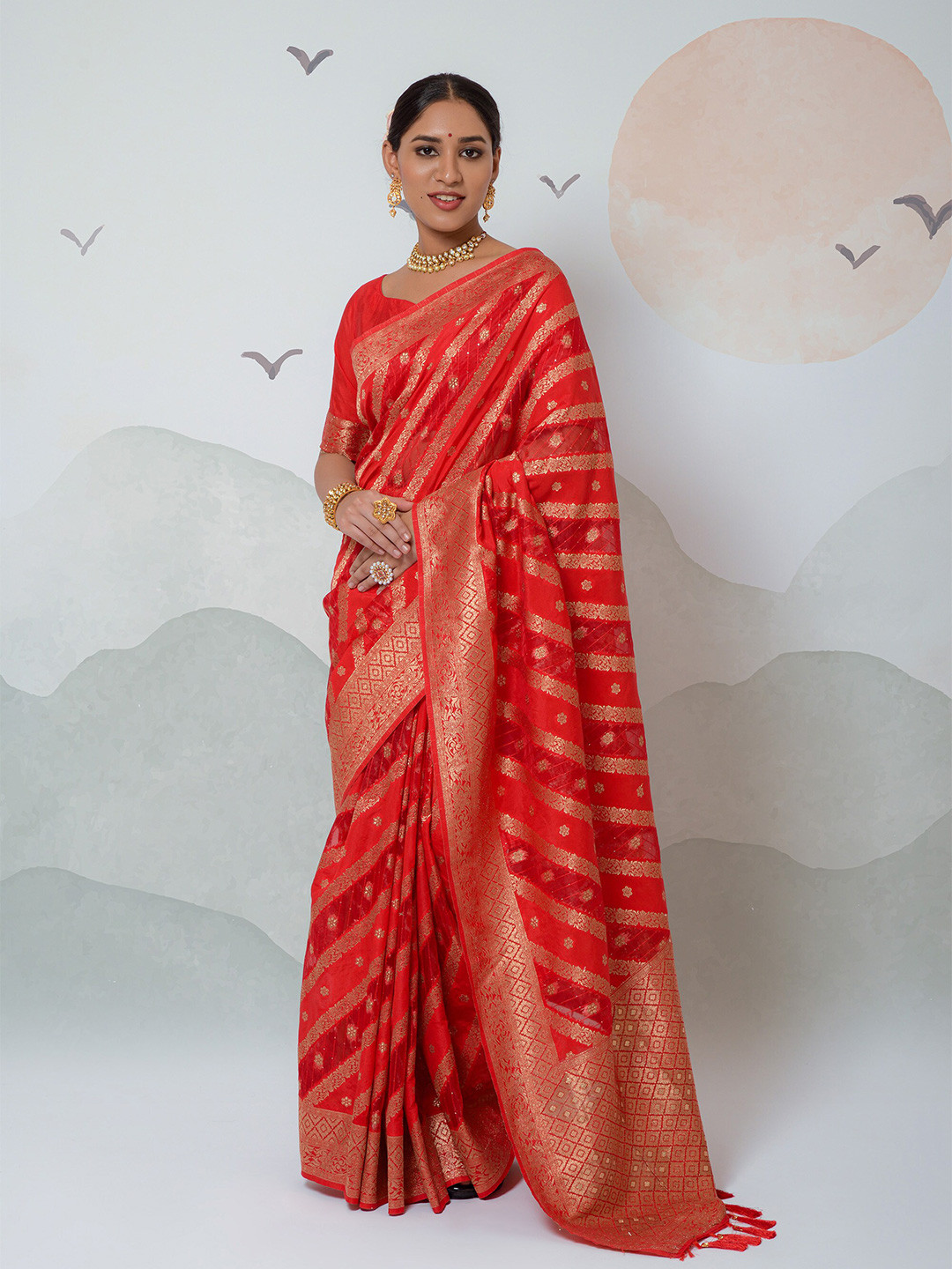 

elora Woven Design Zari Saree, Red