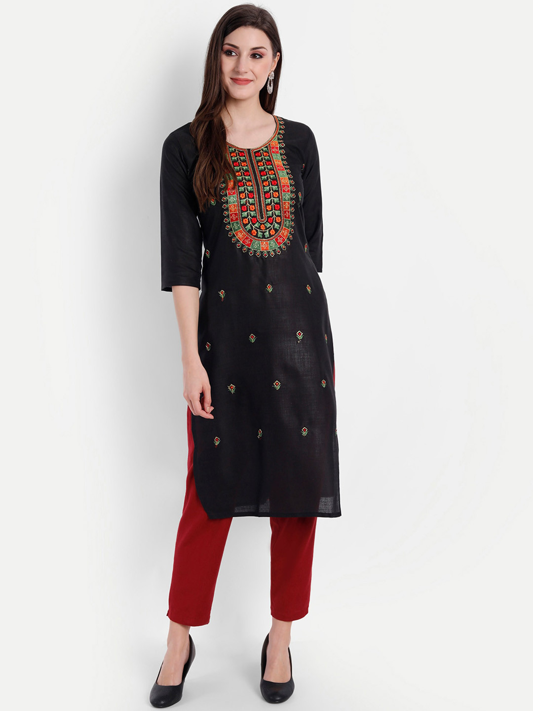 

Globon Impex Women Ethnic Motifs Embroidered Thread Work Floral Kurta, Black