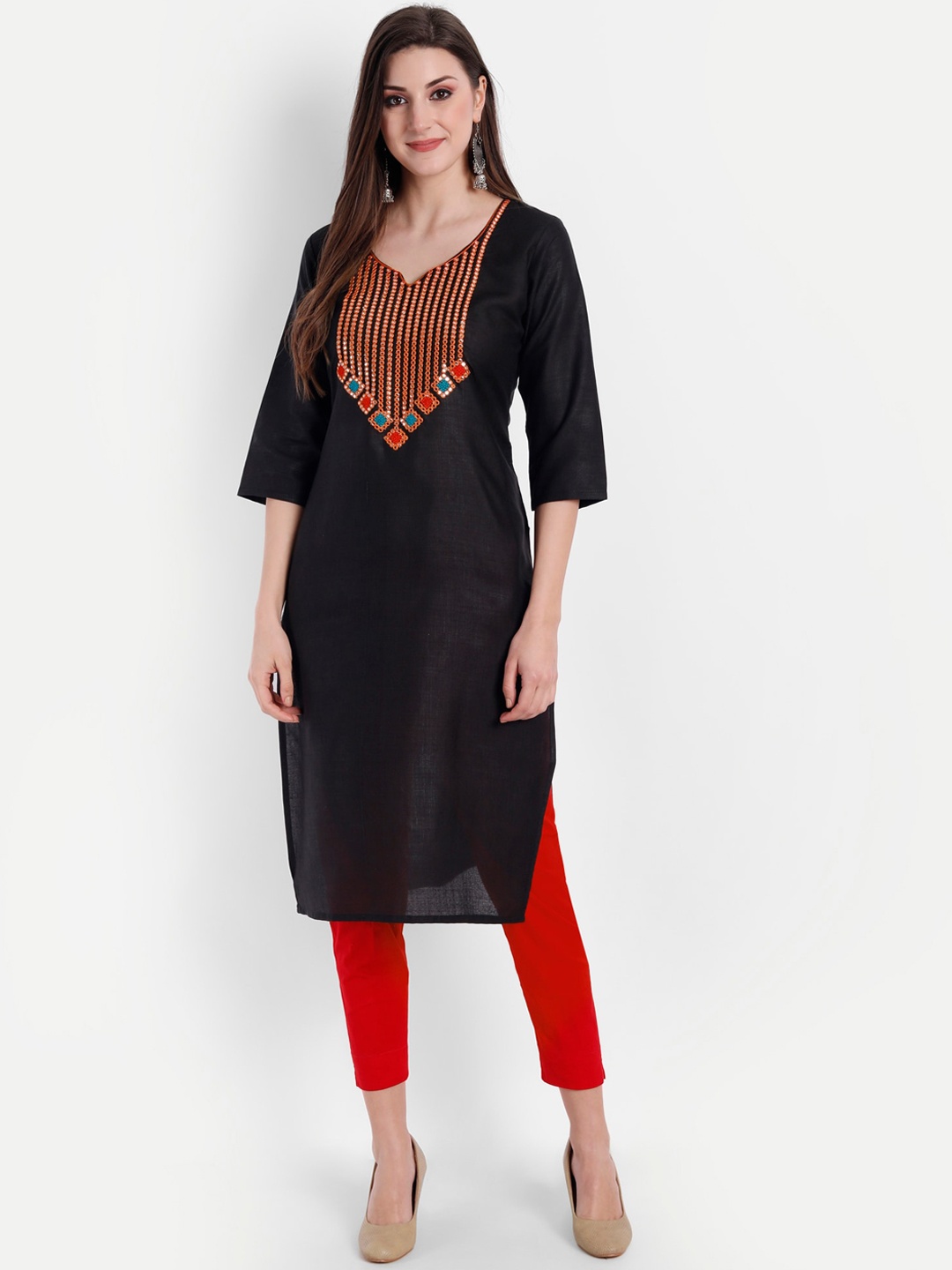

Globon Impex Women Notched Neck Embroidered Mirror Work Kurta, Black