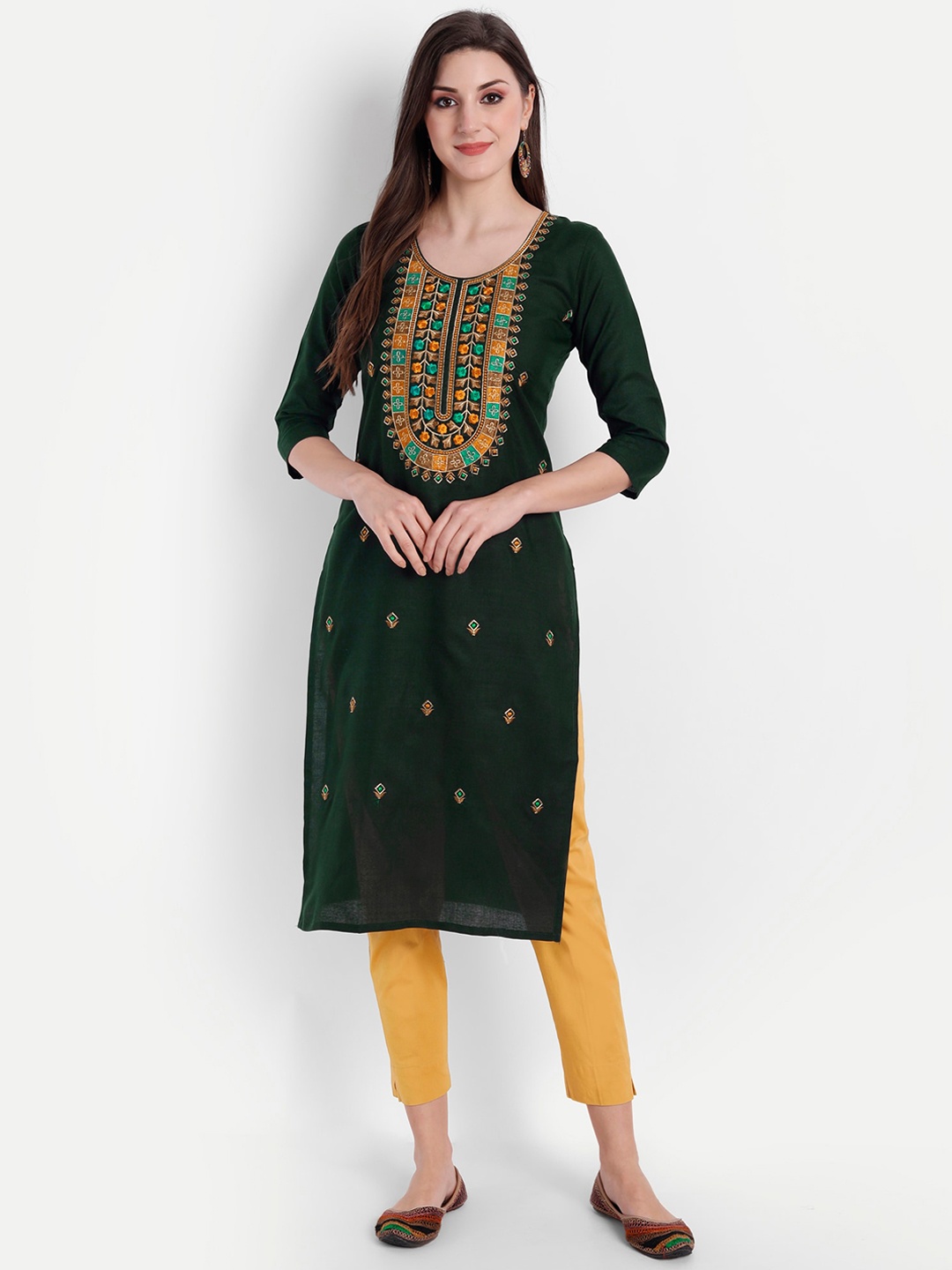 

Globon Impex Women Ethnic Motifs Embroidered Thread Work Floral Kurta, Green