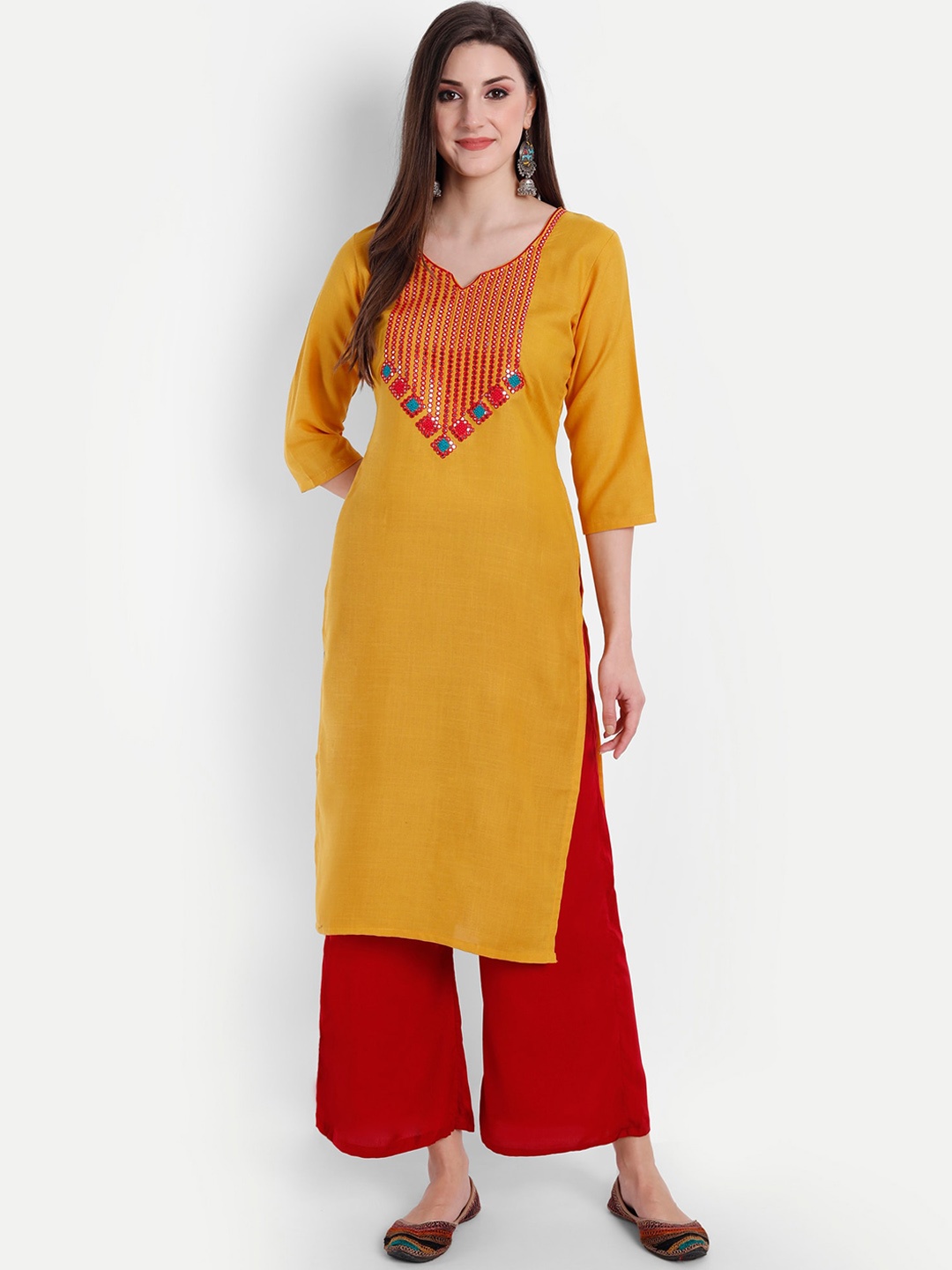 

Globon Impex Women Embroidered Mirror Work Floral Kurta, Mustard