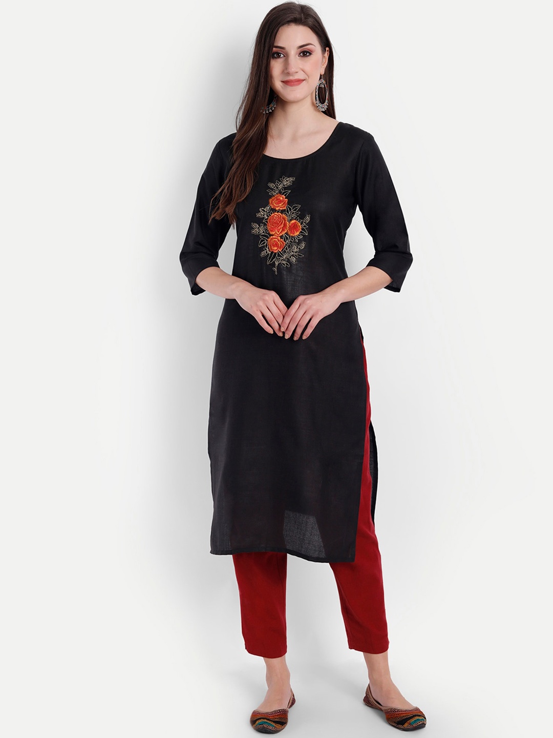 

Globon Impex Women Floral Embroidered Thread Work Floral Kurta, Black