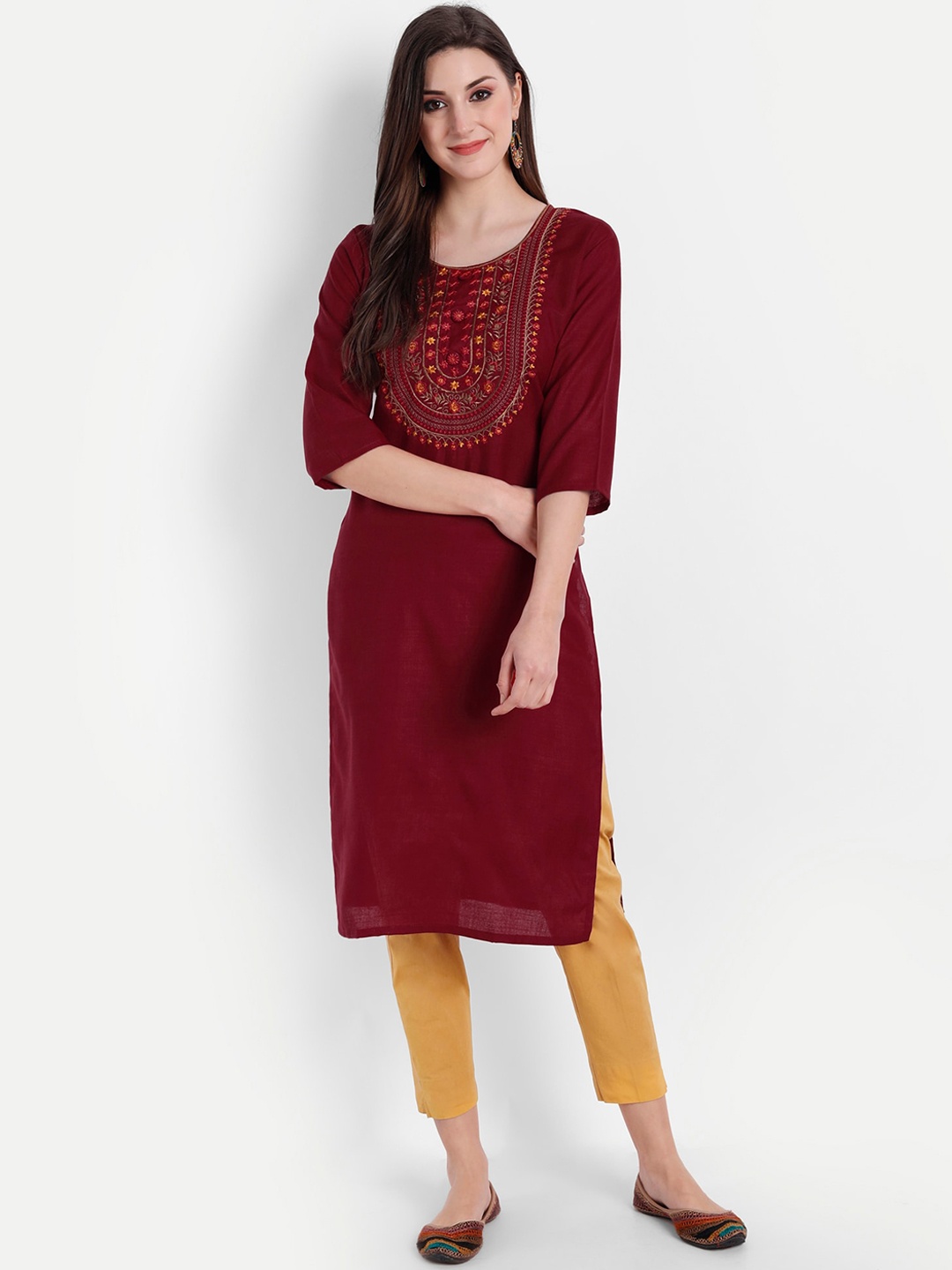

Globon Impex Women Ethnic Motifs Embroidered Thread Work Floral Kurta, Maroon
