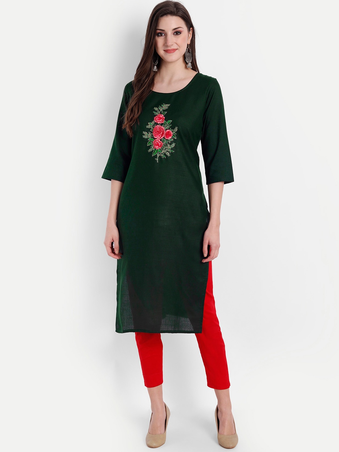 

Globon Impex Women Floral Embroidered Thread Work Floral Kurta, Green